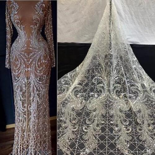 5yards/pc) High grade tulle lace African wedding French net lace white with crystal tube beads and sequins embroidery FVS006