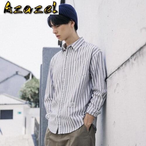 Azazel Japanese menswear 2020 tide Autumn new shirt male lapel loose striped jacket Men Fashion long-sleeved Cotton shirts M-XXL