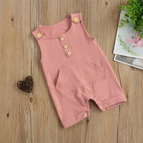 2021 NEW Baby Solid Color Short Romper Sleeveless O-neck Jumpsuit with Large Pocket for Summer