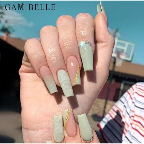 GAM-BELLE Matcha Green Gradient False Nails Design With AB Rhinestones Long Coffin DIY Artificial Fake Nails With Press Glue
