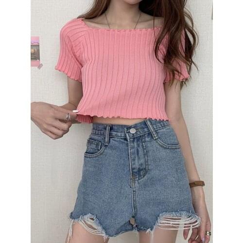 HELIAR Women Crop Tops Knitted Women Tube Top Short Sleeve Tops Women Strappy Plain Crop Tops Female 2021 Summer