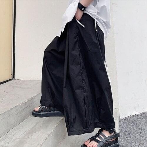 Homens solto casual preto calças de perna larga masculino streetwear hip hop punk saia gótica calças estilo japão kimono