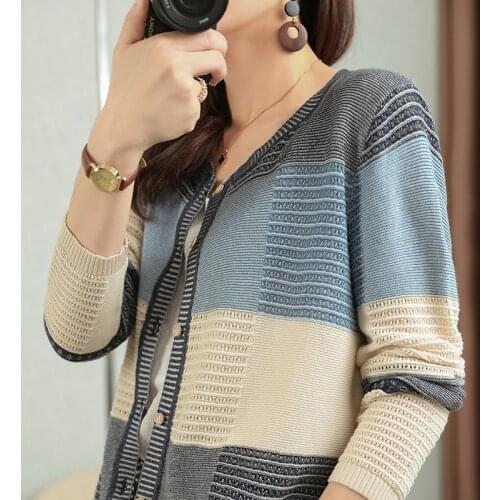Spring and Autumn New Sweater 100% Cotton Womens Round Neck Stripe Stitching Loose Cardigan Printed Top Korean Jacket