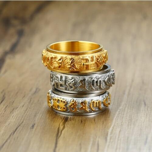 8mm Ohm AUM Om Spinner Rings in Stainless Steel Buddhism Talisman Protective Amulet Sacred Symbol Harmony Universe