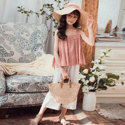 Big Girls Summer Clothing Set New Kids Girls Plaid Sling Shirt and Pants Set Korean Style Cute Children Two Piece Set, #8906