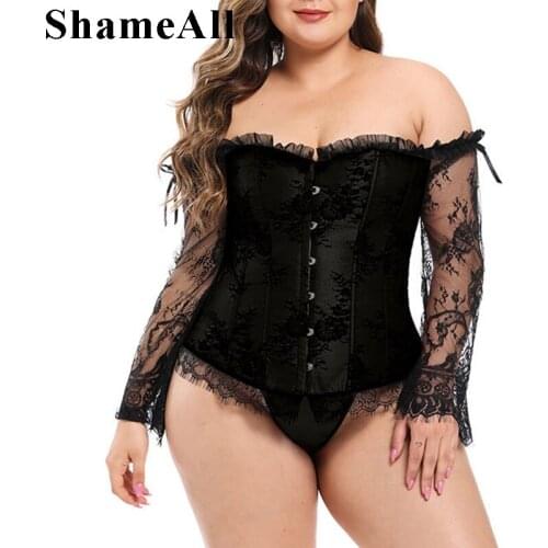 Plus Size Aesthetic Lace Long Sleeve Corset Bustier Top 5XL Sexy Skinny Dark Academia Ruffles Trim Gothic Corsets Outfit Costume