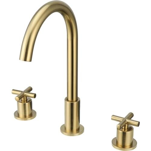 Double Handle Three Hole Basin Faucets Brushed Gold Brass Deck Mounted Bathroom Sink Faucet Hot And Cold Water Mixer Tap
