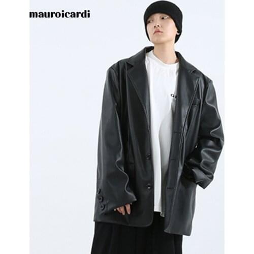 Mauroicardi Spring oversized leather blazers men long sleeve 2021Black brown loose causal soft faux leather jacket for men style