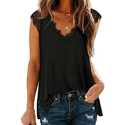 2021 Fashion Summer Shirt Blouse Women Vest Blouse Lace Hem Decor Deep-V Cloth Summer Tops Vest for Daily Life Loose Top Blouse