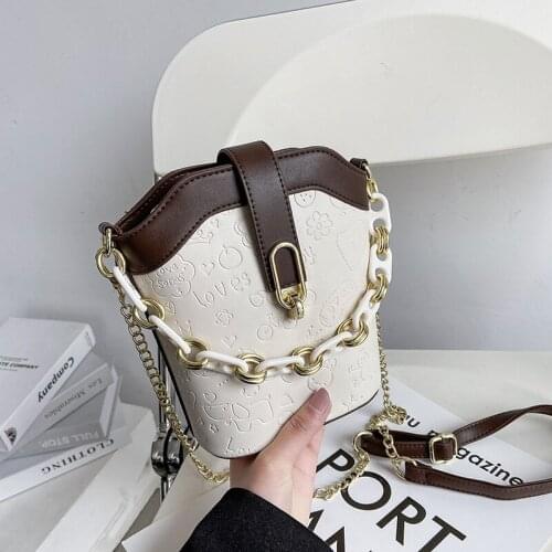 Printed bucket bag fashion simple ladies shoulder handbag texture retro messenger bag women luxury designer bags chain totes