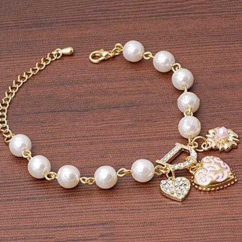 Fashion Korean Trendy Women Imitation Pearl Chain Bracelet Love Heart Crystal Charms Bracelet Jewelry Accessories