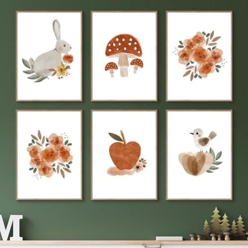 Cartoon Rabbit Bird Mushroom Apple Flowers Wall Art Canvas Painting Nordic Posters And Prints Wall Pictures For Kids Room Decor