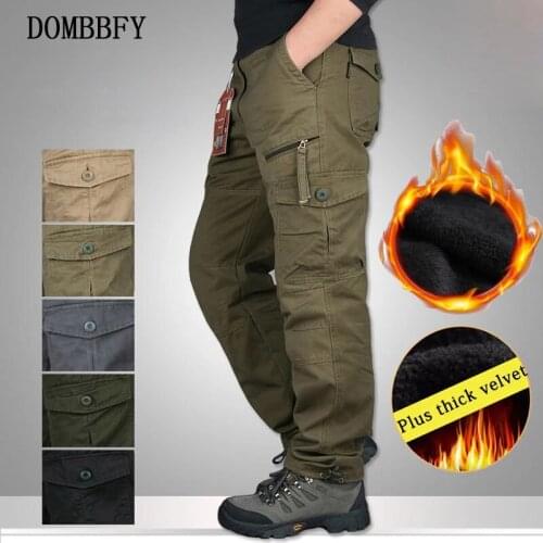Mens Winter Thick Warm Fleece Cargo Pants Double Layer Overalls Casual Baggy Cotton Rip-Stop Trousers Military Tactical Pants