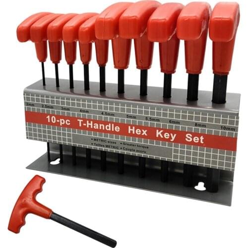 10-Piece Set H2-H10 T-Shaped Flat Head Metric Red Hex Key with Iron Frame