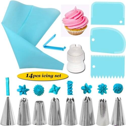 14Pcs/Set Reusable Icing Piping Nozzles Set Pastry Bag Scraper Flower Cream Tips Converter Baking Cup DIY Cake Decorating Tools