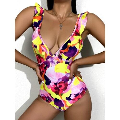 New Women Printed One-Piece Ruffled Sweet Flying Sleeve Swimsuit Deep V-Neck Backless Ruffled Tank Slimming Triangle Swimsuit