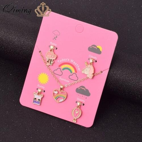 QIMING Cute Unicorn Children Necklace Sets Pink Color Love Rainbow Kids Baby Birthday Party Gift Necklaces Collares Collier