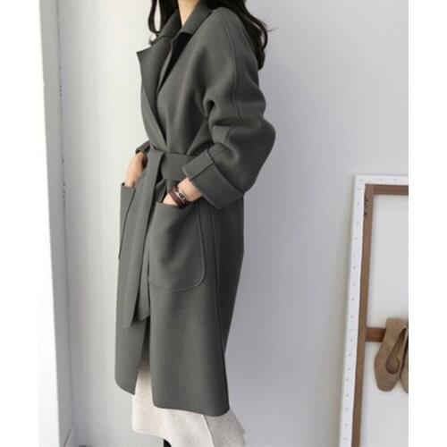 New Women Coats French Casual Warm Long Belt Solid Female Office Lady Winter Retro Oversize Loose Woolen Chic Coat