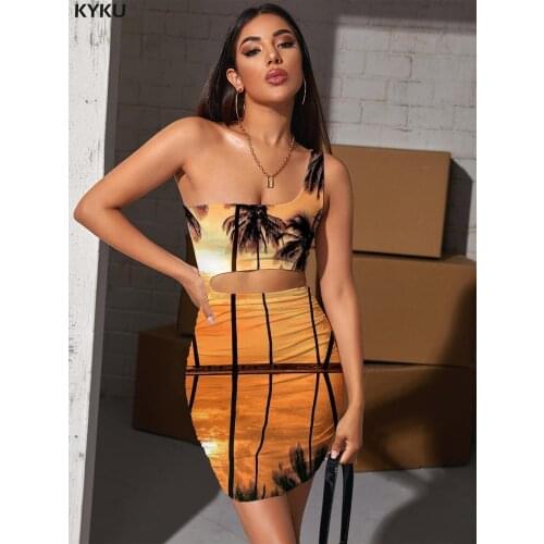 KYKU Hawaii Dress Women Coconut Tree 3d Print Harajuku Vestido Sexy Party Halter Sleeveless Womens Clothing Summer New