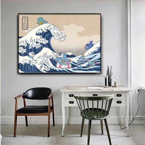 Pokemon Hokusai Kanagawa Wave Poster Modern Living Room Kids Bedroom Wall Art Cartoon Comic Canvas Painting Decoration Cudros