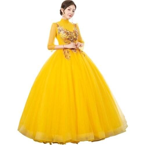 Luxury stand collar flower beading embroidery ball gown opera medieval Renaissance Victoria dress ball gown