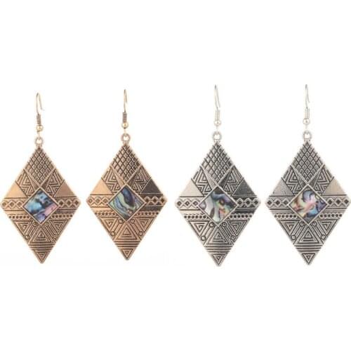 Engrave Geometric Pattern Aztec Rhombus Drop Earrings for Women Fashion Ethnic Gold Silver Color Abalone Drop Earrings for Women