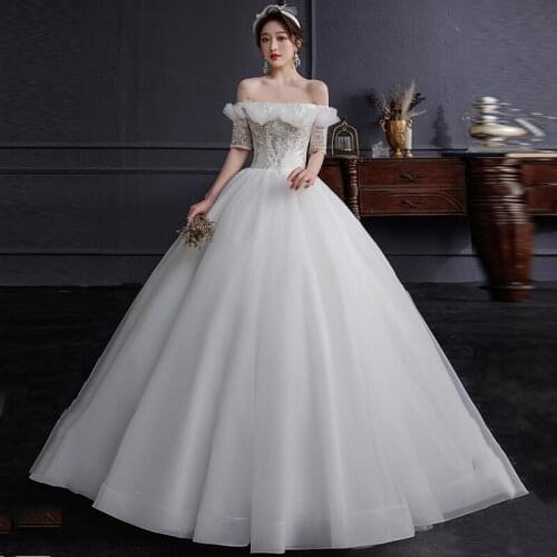 Wedding Dress Illusion Boat Neck Short Tulle Lace Sequined Backless Luxury White Off The Shoulder Elegant Women Bridal Gown G503