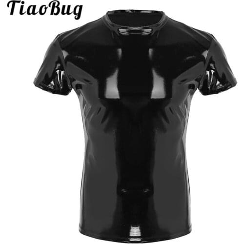 TiaoBug Fashion Mens Wetlook Faux Leather Short Sleeve Round Neck Muscle Tight T Shirt Sexy Male Men Clubwear Stage Costume Tops