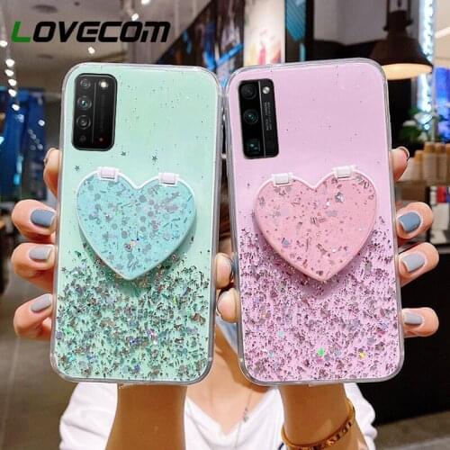 LOVECOM Love Heart Mirror Case For Samsung S21 S20 S10 S9 S8 Plus Note 9 10 Note 10 Plus Full Body Soft Back Cover With Glitter