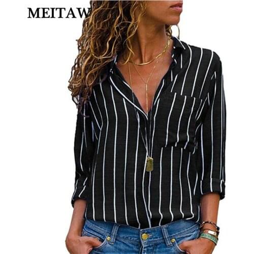 Womens Blouse Shirt 2020 Autumn Elegant V-Neck Long Sleeve Striped Blouse Casual Work Wear Shirts Plus Size Lady Office Tops