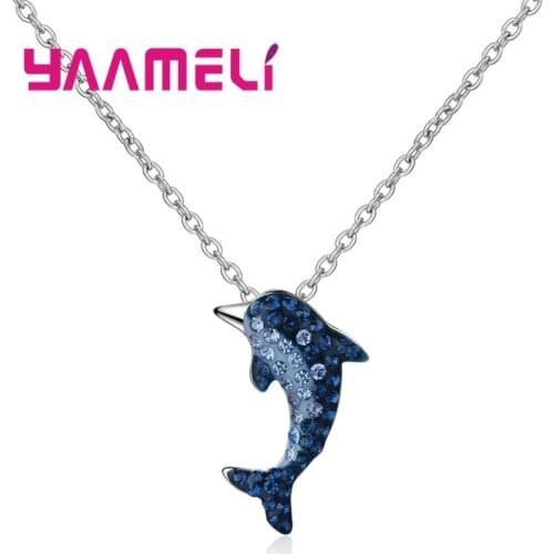 Attractive Women Dark Blue Cubic Zirconia Full Paved Dolphin Pendant Necklaces 925 Sterling Silver Wedding Engagement Party Gift