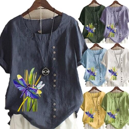 New Arrival Summer Fashion Womens Flower Printed Linen T-shirt Casual Loose Round Neck Short Sleeve Shirt Blouse Tops Plus Size