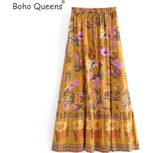 Boho Queens Hippie women floral print tassel beach Bohemian pleated skirt ladies High Elastic Waist A-Line rayon Boho Maxi Skirt