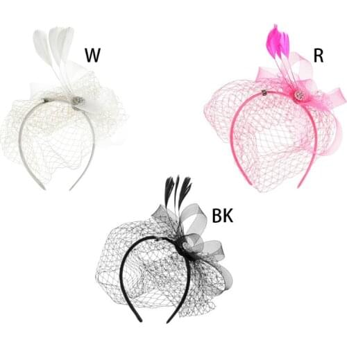 Women Fascinator Party Veil Feather Hairclip Hat Diamond Mesh Net Wedding Bridal Hairband Female Hair Decorative Accessories