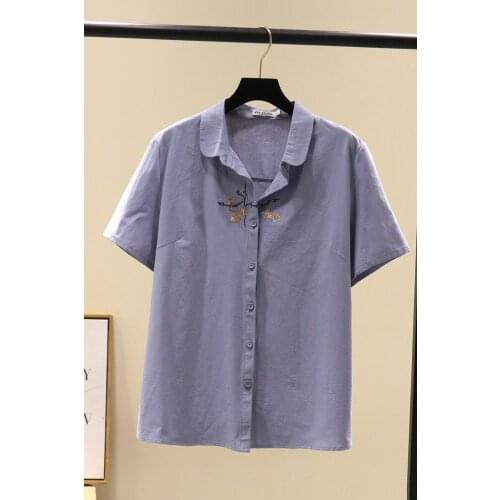 Plus size blouses tunics shirts 2021 fashion Fawn embroidery short sleeve turn-down collar summer Womens t-shirts white