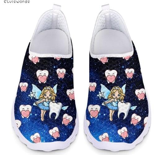 ELVISWORDS Loving Angel and Tooth Print Comfortable Women Walking Shoes Breathable Ladies Flats Shoes Non-slip Womans Sneakers
