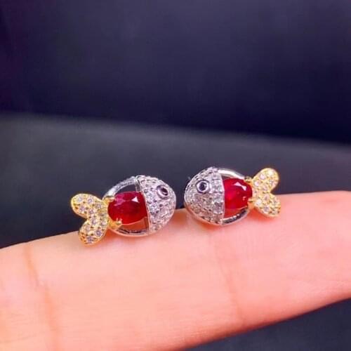 Womens 925 Silver Earrings Natural Pigeon Blood Ruby Earrings Two-color Plating Process Small Goldfish Design Small and Cute
