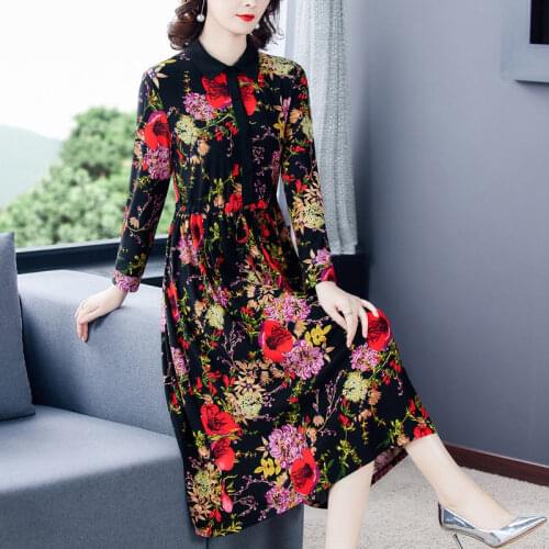 Trendy Long Sleeve Shirt Dress 2021 Autumn New French Slim Vintage Printing Fashion Temperament Female Dress Midi Vestidos M174