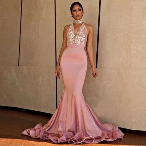 High Neck Mermaid Prom Dresses 2019 Sexy Backless Sheer Lace Beaded Long Evening Dress Blush Pink Vintage Party Gowns Cheap
