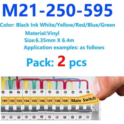 2PK 6.35mm x6.4m Label Tape compatible for Brad M21-250-595 Black on White Vinyl Film M21 250 595 BMP21 Plus BMP21-LAB label