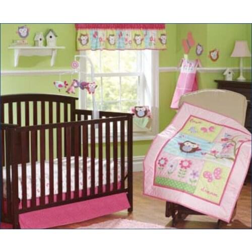 7PCS embroidery Cotton Brand Baby Crib Bedding Set for Girl Boys Cartoon ropa de cuna (4bumper+duvet+bed cover+bed skirt)