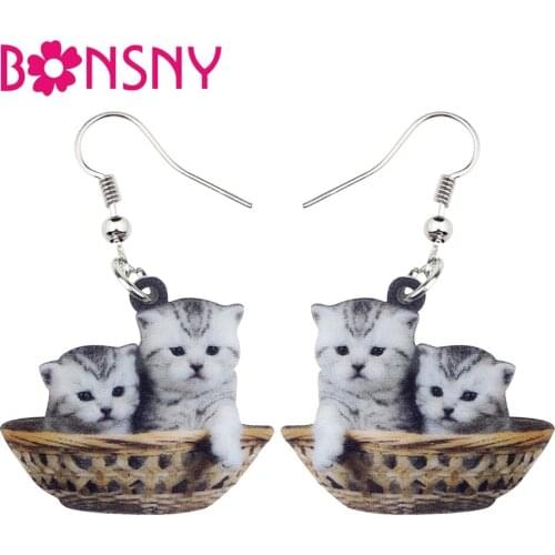 Bonsny Acrylic Cute Grey Kitten Cat Basket Earrings Dangle Drop New Fashion Animal Jewelry For Women Girls Gift Wholesale Bijoux