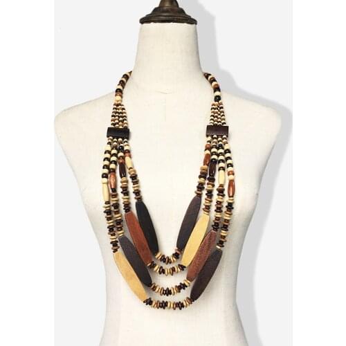Handmade Wood Bead Necklaces For Women Bohemia Multilayer Beaded Pendants Statement Necklace Long Collar Jewelry UKEN