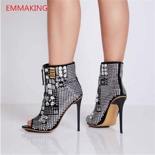 EMMAKING Ethnic Open Toe Rhinestone Design High Heel Sandals Crystal Diamond Gladiator Women Sandals Black sandals Size 36-43