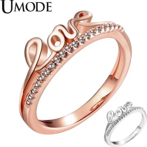 UMODE New Paved CZ Crystal Love Letter Half Eternity Ring for Women Clear Round Zircon Rose&White Gold Ring Jewelry AUR0460
