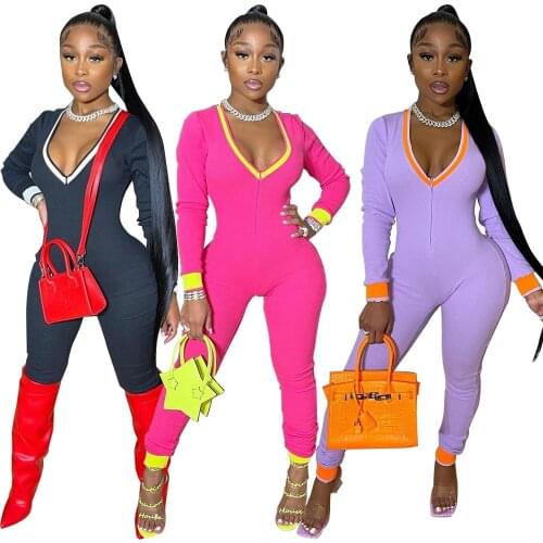 Streetwear Bandage Color Block Skinny Romper Deep V Neck Full Sleeve One Piece Overall 2021 Fashion Female Night Club Bodysuits
