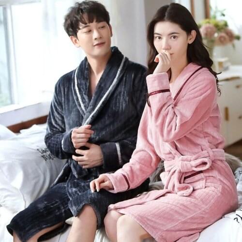 Matching Couples Nightgown Women Flannel Thick Nightwear Long Sleeve Comfortable Stripe Mens Sleepwear Big Size kPaCotAkoWka