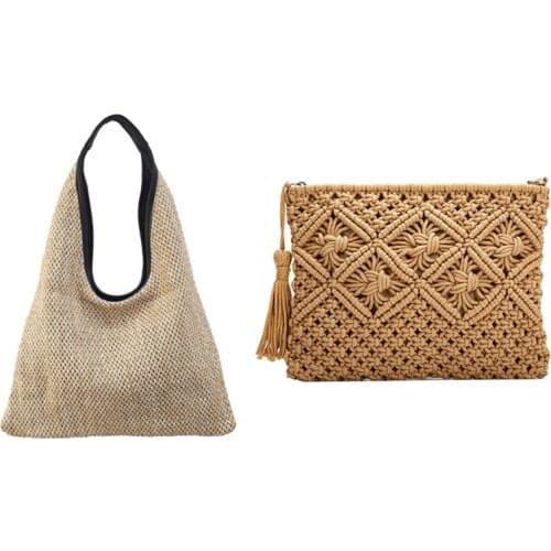 2PCS Fashion Women Shoulder Bags Wicker Woven Straw BagKhaki with Womens Hand-Woven Cotton Bag Straw Woven Bag Khaki