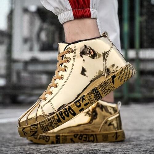 Apring Luxury Men Mirror Shoes Gold Fashion Printed Skateboard Shoes Couple Big Size 46 Hip Hop Mens Casual Sneakers mode homme