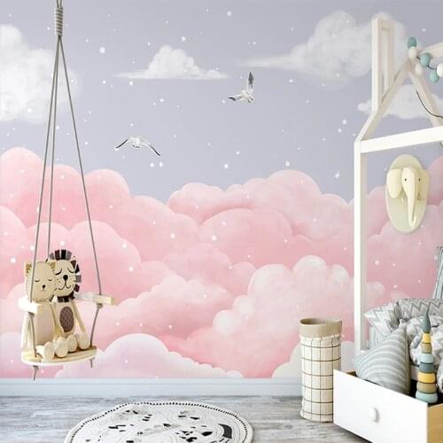 Custom Any Size Mural Wallpaper Nordic Style Hand Painted Fantasy Cloud Sea Bird Childrens Room Pink Mural Papel De Parede 3 D